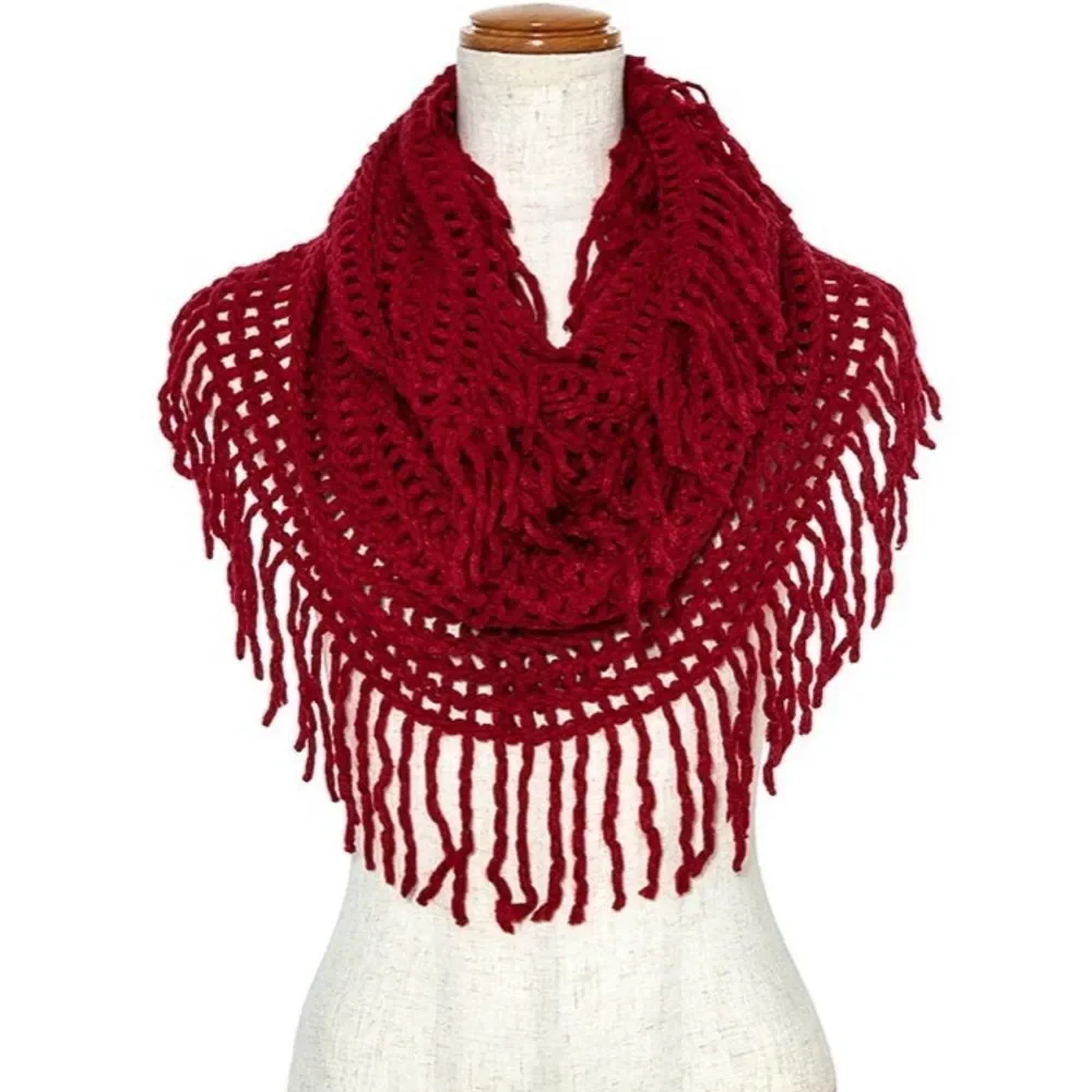 Knit Infinity Scarf Red Women Fringe Soft Open Wrap Cottagecore Fall Boho NEW - Picture 1 of 1